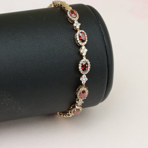 "Rose Gold Plated Red Oval Stone Bracelet with White Accents, XPBL0778 - Picture 9 of 11
